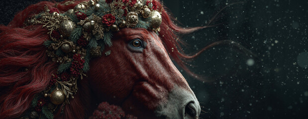 Majestic Red Horse with Festive Garland in Winter Snow — Symbol of Strength and Celebration