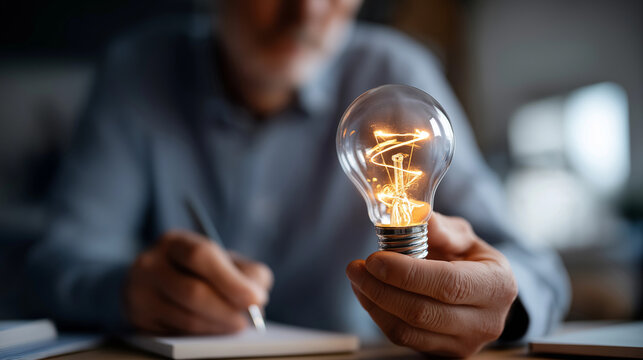 Business hand holding pen with lightbulb tip creating glowing words in air creative copywriting magic digital content creation marketing message concept notepad visible face - Powered by Adobe