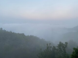 Rainforest ecosystem and healthy environment concept.hills with beautiful clouds in the morning. Summer Mountain with green plants and clouds in the sky. wooden hut on Mountain. Texture of green tree.