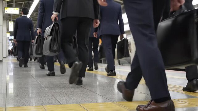 Japanese businessmen walking on a train station platform. A crowd of salarymen commuting to work during rush hour. Corporate lifestyle in Japan concept