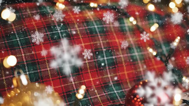 Festive Christmas background with red and green plaid fabric. Animated falling snow and glowing bokeh lights. Cozy and traditional holiday season concept