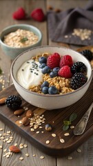 Bowl of granola with yogurt, berries, and nuts on a wooden board