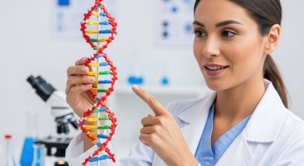 Dedicated scientist pointing to DNA model in lab, researching genetic code for innovative breakthroughs and new medical treatments in modern setting