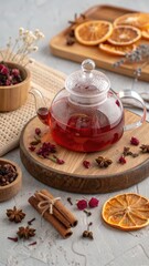 Aromatic herbal tea with dried fruits and spices on wooden board