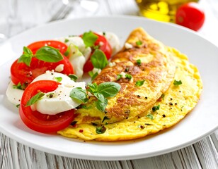 A close-up view presents a plate holding an omelet beside tomato and mozzarella salad with basil. The bright dish sits atop a white wood surface