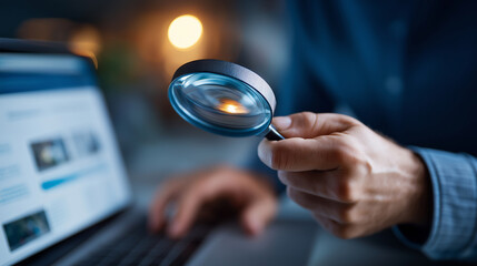 Hands holding magnifying glass over website with lightbulb audit insights appearing creative site analysis digital optimization discovery marketing improvements laptop
