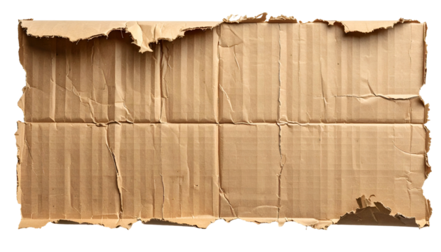 A torn rectangular piece of corrugated cardboard with visible folds and frayed edges