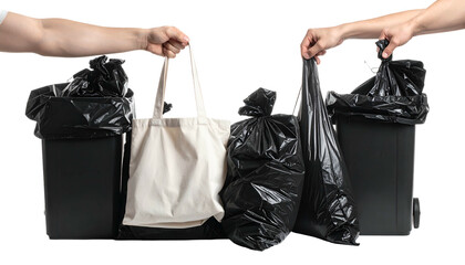Two pairs of hands hold bags & a tote, displaying waste & reusable options