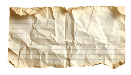 Crumpled, torn piece of lined paper with aged look, isolated on black