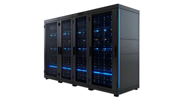 A view of a server room with multiple server racks, lit with blue and internal glow
