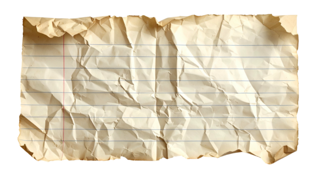 Crumpled, torn piece of lined paper with aged look, isolated on black
