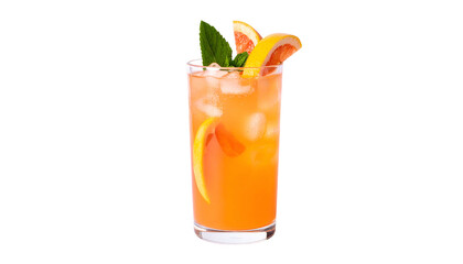 A tall cocktail features ice, citrus, and mint with an orange-pink hue in a transparent glass
