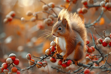 A squirrel perched on a branch with red berries acorns