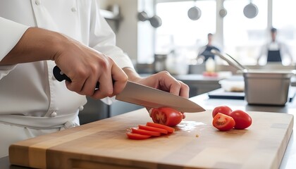 Chef cutting tomatoes in a restaurant setting in bright light