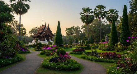 Tranquil garden landscape featuring trees pathways and architectural structures