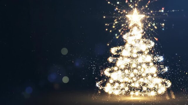 Magical particles and colorful lights forming a glowing Christmas tree. An animated trail of sparkles creates a festive holiday symbol with a shining star on top. Christmas celebration background