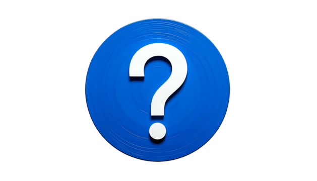 A white question mark within a blue, 3D-rendered circle on a black background