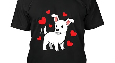 Cute white puppy with red hearts on black t-shirt design for dog lovers