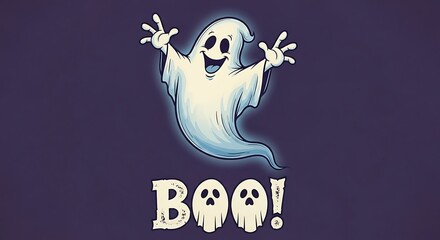 Spooky ghost character says boo with glowing eyes and spectral body halloween fun