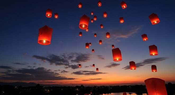 Sky lanterns festival glowing at dusk creating a magical experience
