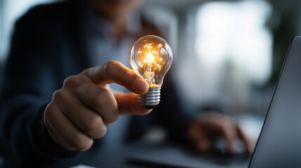 Business hand pointing at video analytics with lightbulb engagement insight creative performance optimization digital video strategy view counts and metrics laptop defocused