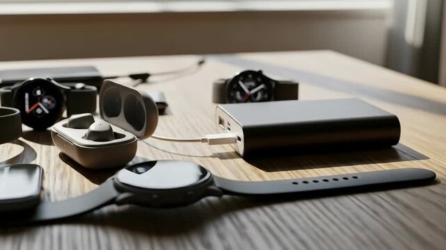 A variety of smart devices arranged on a wooden table, showcasing tech and design