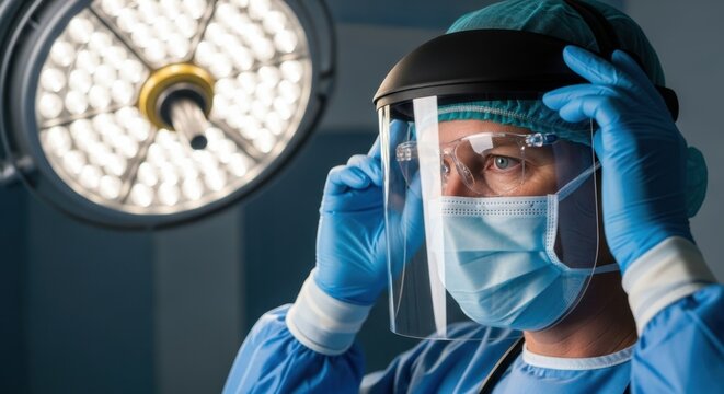 Dedicated surgeon preparing for surgery with face shield in operating room, showcasing precision and care in modern medical settings