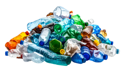 A dense pile of discarded plastic bottles, crushed and intact, in various colors