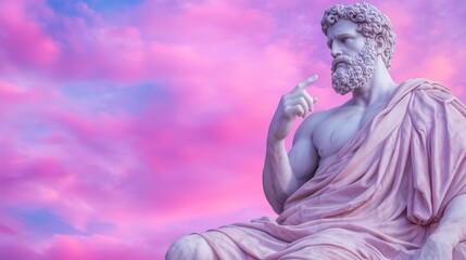 Majestic marble statue against a vibrant pink and purple sky background