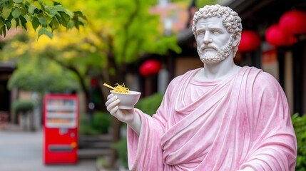 Classic marble statue holding bowl of noodles in vibrant outdoor setting