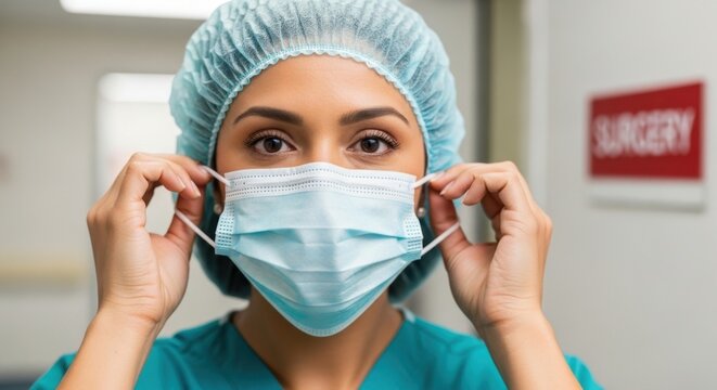 Dedicated surgeon prepares for surgery putting on face mask in hospital setting, focused on patient care and safety, embodying trust and expertise