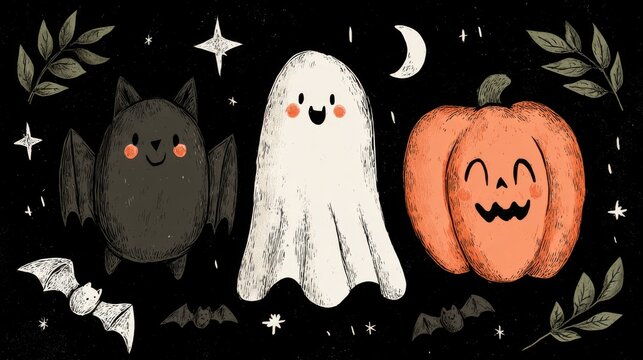 cute halloween characters ghost bat pumpkin,