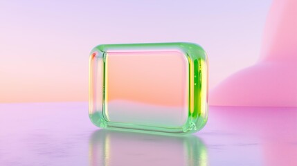 Futuristic neon glass cube on reflective surface with pastel gradient background