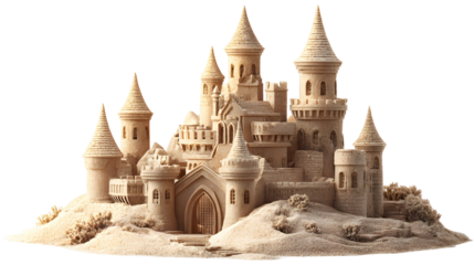 Fantasy sandcastle with turrets and arched entrance - coastal art for playful imagination