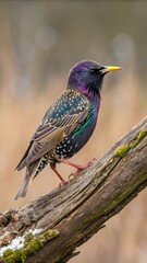 European starling perched on a mossy branch in a natural environment