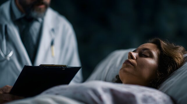 A doctor holds a clipboard while consulting with a sleeping patient in a dimly lit medical room - Powered by Adobe
