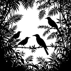 Silhouette birds in tropical jungle foliage vector illustration art