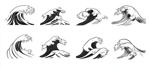 Modern thin line art decoration featuring Asian Japanese or Chinese sea and ocean wave icons, including wave icon of sea water ripples and ocean tide surfs with wavy splash for ornament pattern © Maksim