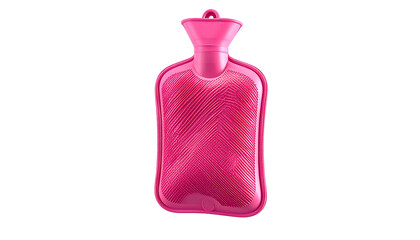 Bright pink rectangular rubber water bottle, tapered neck, isolated on black background