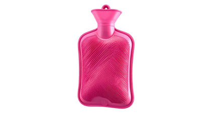 Bright pink rectangular rubber water bottle, tapered neck, isolated on black background