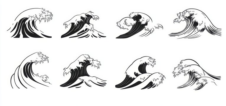 Modern thin line art decoration featuring Asian Japanese or Chinese sea and ocean wave icons, including wave icon of sea water ripples and ocean tide surfs with wavy splash for ornament pattern