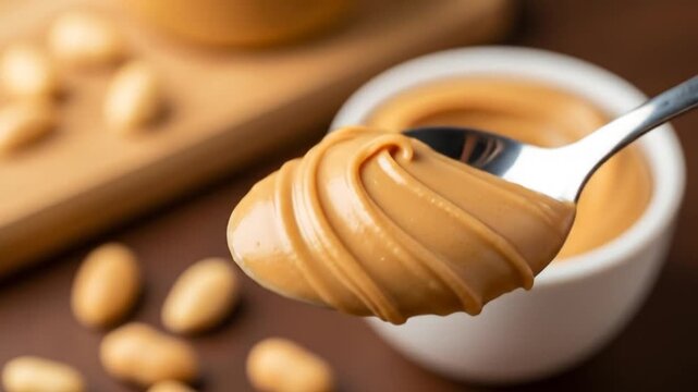Creamy peanut butter on a spoon, with scattered peanuts