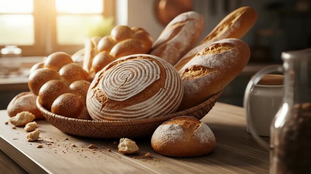 A rustic still life of various breads in a woven basket on a wooden surface