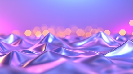 Futuristic iridescent landscape with hexagonal bokeh in vibrant purple and pink hues
