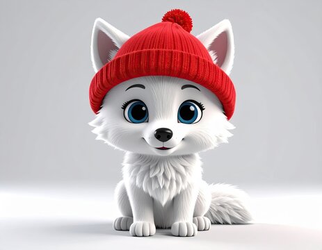 White fox cub wearing red knit hat - Powered by Adobe