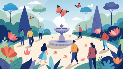 A tranquil garden scene people stroll around a fountain, surrounded by flowers and butterflies, creating a peaceful and enchanting atmosphere