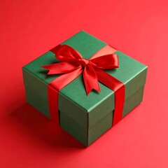 Obraz premium Green square gift box tied with a red ribbon against a red background