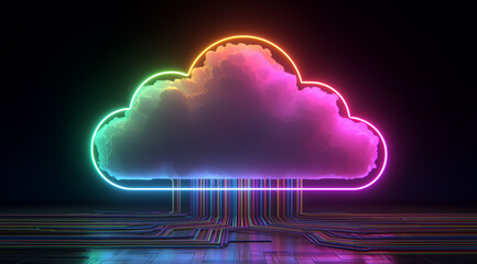 Glowing Cloud Computing Icon with Vibrant Neon Digital Technology Background