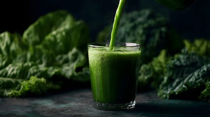 A stream of vibrant green juice pours into a glass surrounded by fresh leafy greens against a dark background