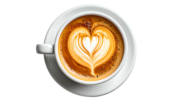 Overhead view of a coffee cup with intricate heart-shaped latte art on a white saucer